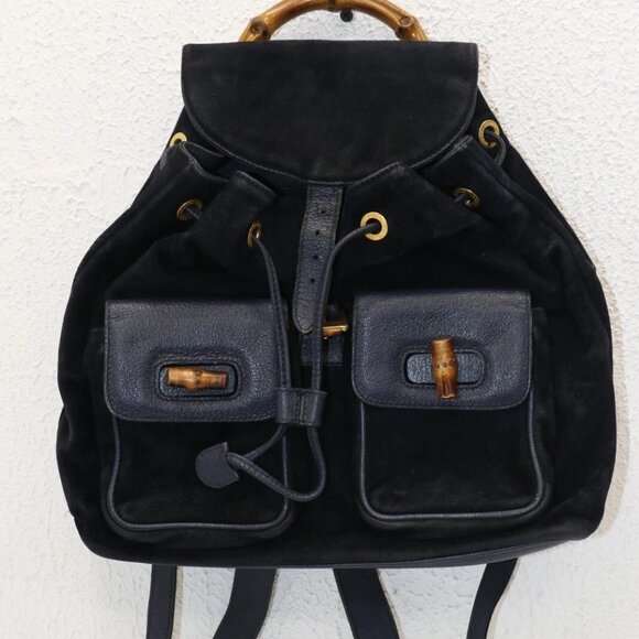Gucci Navy Blue Suede Rucksack Bamboo Handle Backpack - Picture 1 of 16